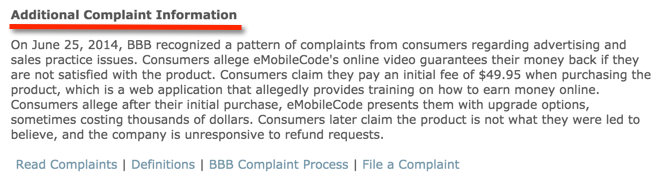 BBB complaint about emobile code