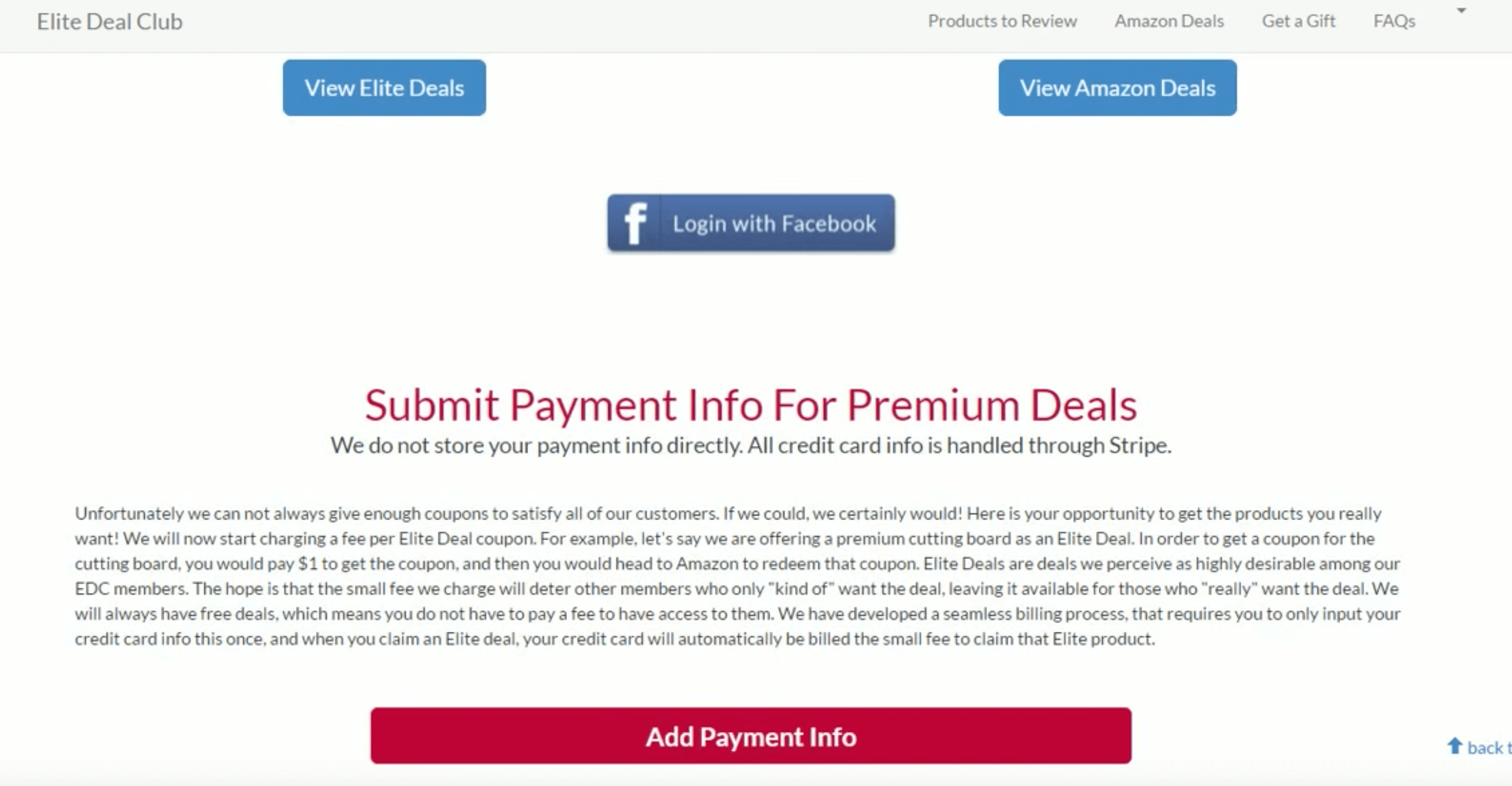 Elite Deal Club payment info